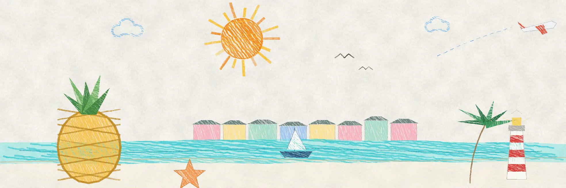 Illustrated Bahamas scene with pastel beach huts, a sailboat, palm tree and lighthouse